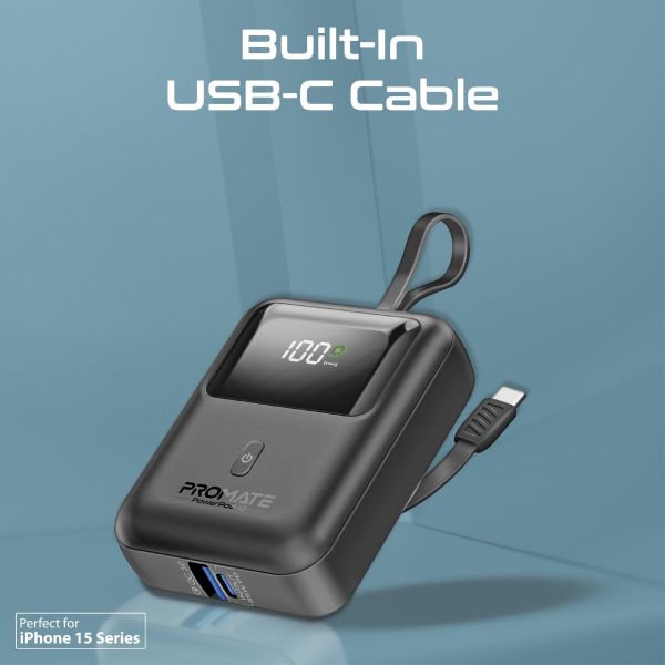 Picture of 10000mAh Ultra Compact 35W SuperSpeed Power Bank Built-in USB-C & Lightning Cables. 35W