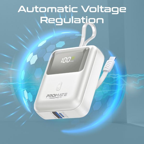 Picture of 10000mAh Ultra Compact 35W SuperSpeed Power Bank Built-in USB-C & Lightning Cables. 35W