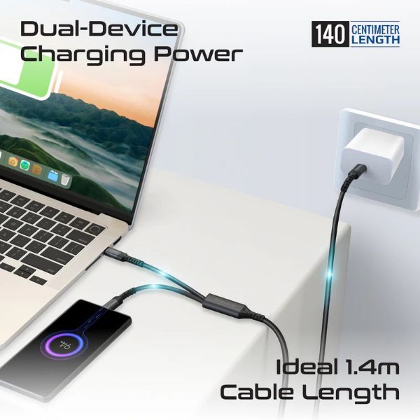 Picture of 1.4M 140W PD USB-C to Dual USB-C Charging Cable. Black