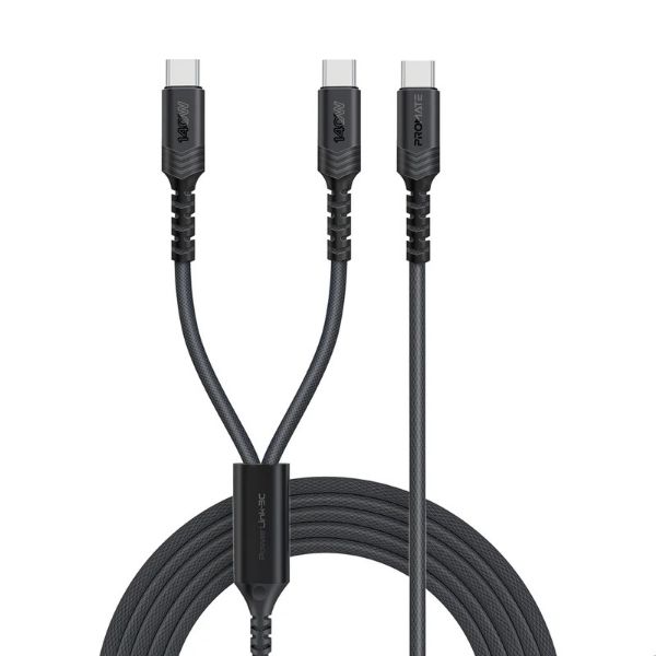 Picture of 1.4M 140W PD USB-C to Dual USB-C Charging Cable. Black