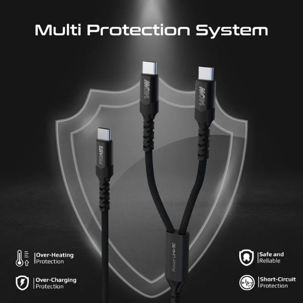 Picture of 1.4M 140W PD USB-C to Dual USB-C Charging Cable. Black