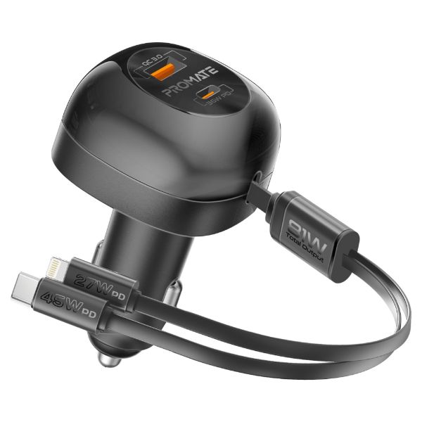 Picture of 81W Multi-Port In-Car Phone Charger with Retractable USB-C Lightning Cables. Supports 45W
