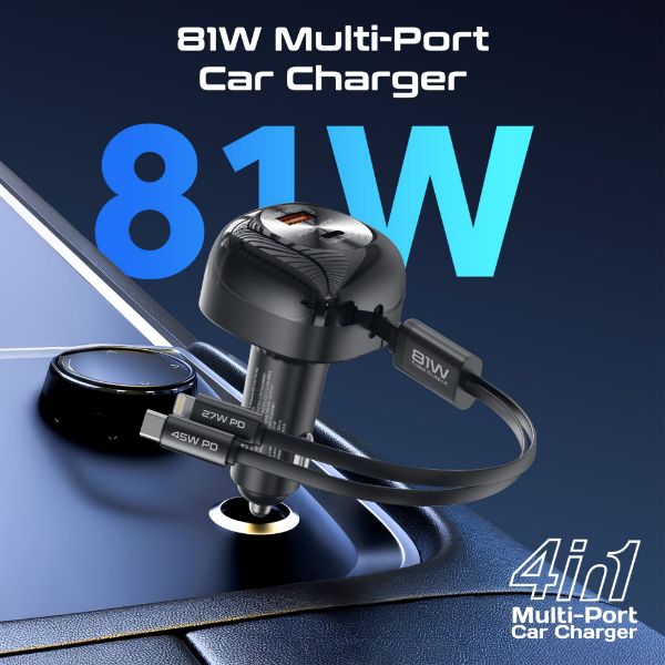 Picture of 81W Multi-Port In-Car Phone Charger with Retractable USB-C Lightning Cables. Supports 45W