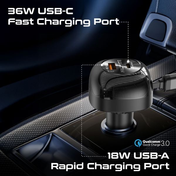 Picture of 81W Multi-Port In-Car Phone Charger with Retractable USB-C Lightning Cables. Supports 45W