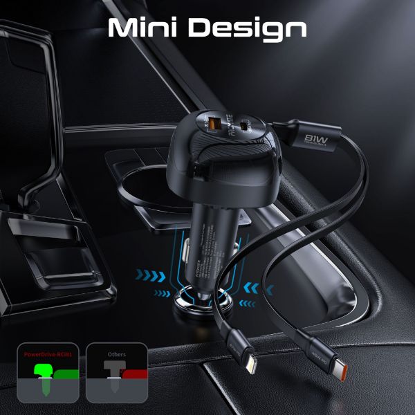 Picture of 81W Multi-Port In-Car Phone Charger with Retractable USB-C Lightning Cables. Supports 45W