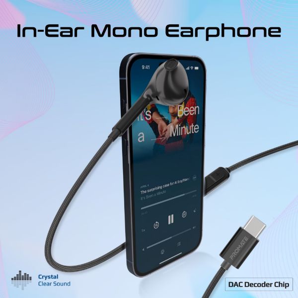 Picture of Mono In-Ear Wired Earphone with USB-C Connector. In-Line Microphone & Volume