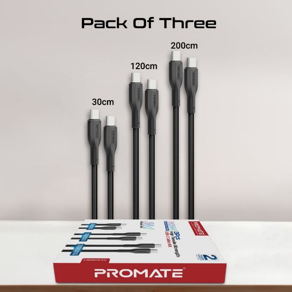 Picture of 3-Piece 60W PW USB-C Cable Kit. Includes 0.3M 1.2M Lenghts. Data & Charge Support