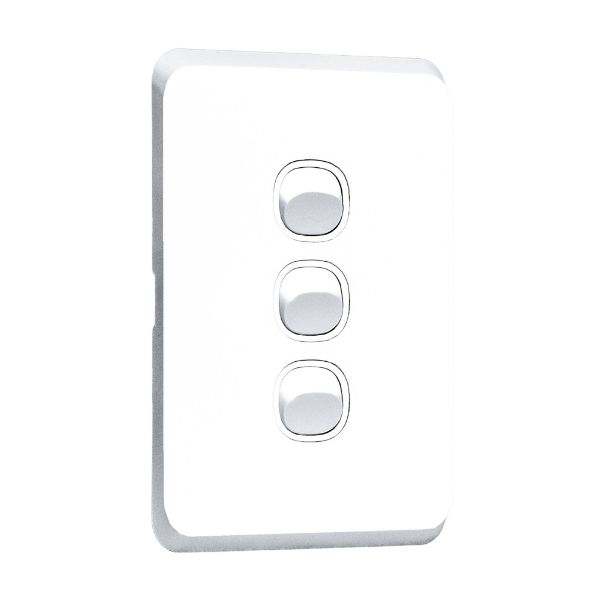 Picture of Sleek 16A 2-Way Vertical 3 Gang Switch Moulded in Flame Resistant Polycarbonate. Fade