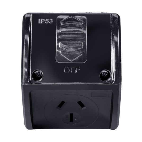 Picture of Weatherproof Single IP53 Black Outlet. Grey Heavy Duty Industrial Grade Virgin Plasti