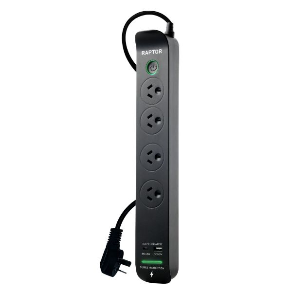 Picture of Raptor Master Switched 4 Way Surge Protected Powerboard 45W PD USB-C 36W USB-A Ports