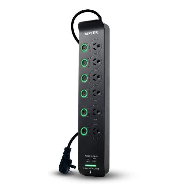 Picture of Raptor Individually Switched 6 Way Surge Protected Powerboard 45W PD USB-C 36W USB-A Ports