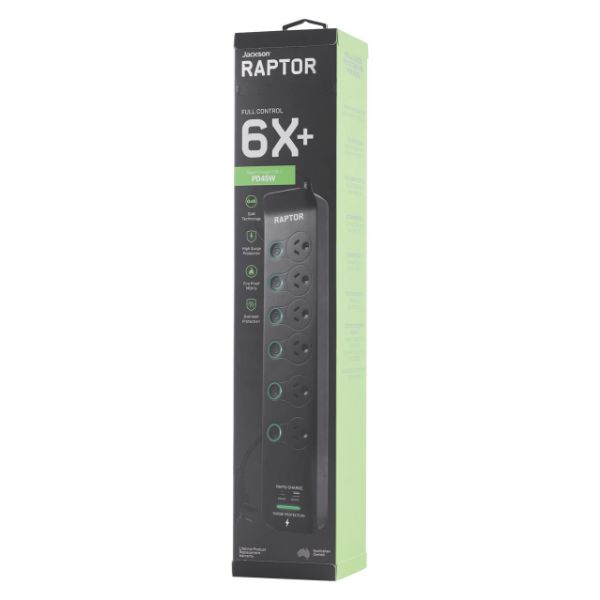 Picture of Raptor Individually Switched 6 Way Surge Protected Powerboard 45W PD USB-C 36W USB-A Ports