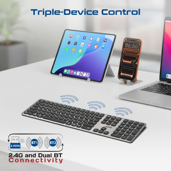 Picture of Full-Size Triple-Mode Wireless Keyboard with Scissor Keys & Silent Keys, Angled Kickstand