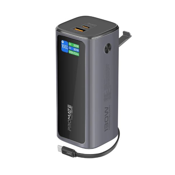 Picture of 20000mAh 130W Aluminium Power Bank w Rectractble USB-C Cable Cable & LCD Scrn Supports 100W