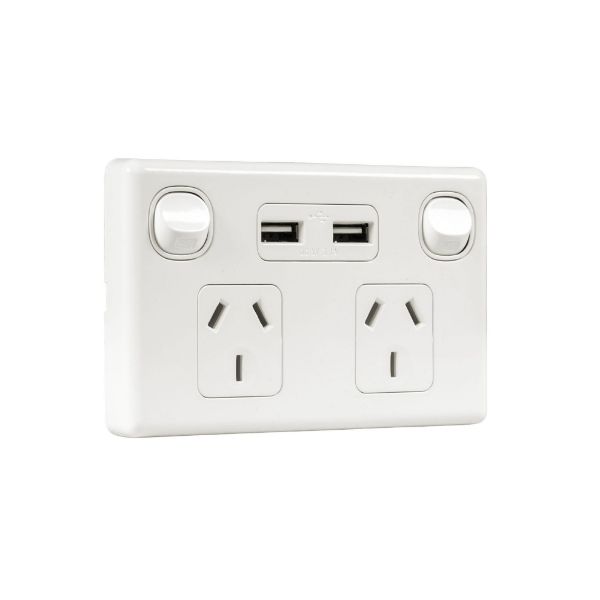 Picture of Double 10A Horizontal Power Point 2x USB-A Ports Removable Clip on Cover White