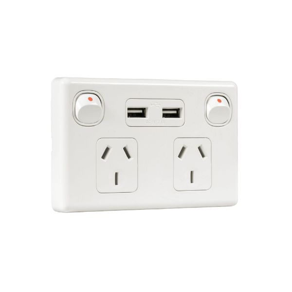 Picture of Double 10A Horizontal Power Point 2x USB-A Ports Removable Clip on Cover White