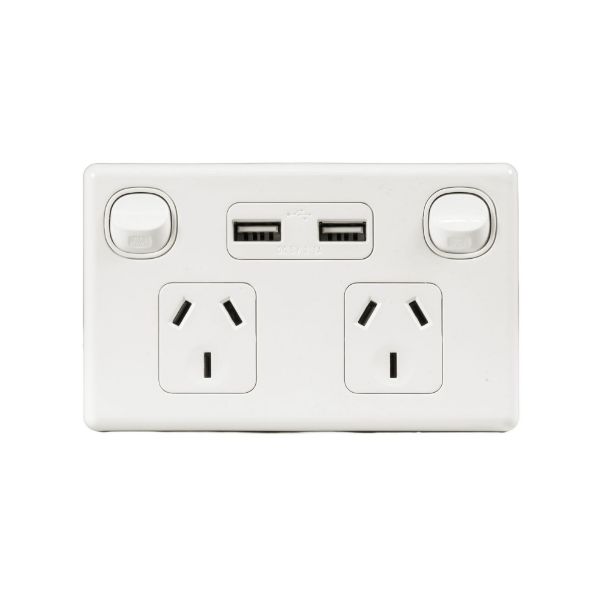 Picture of Double 10A Horizontal Power Point 2x USB-A Ports Removable Clip on Cover White