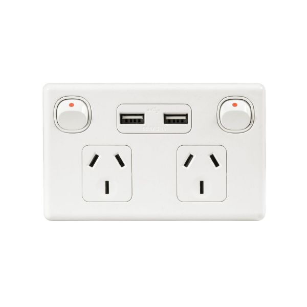 Picture of Double 10A Horizontal Power Point 2x USB-A Ports Removable Clip on Cover White