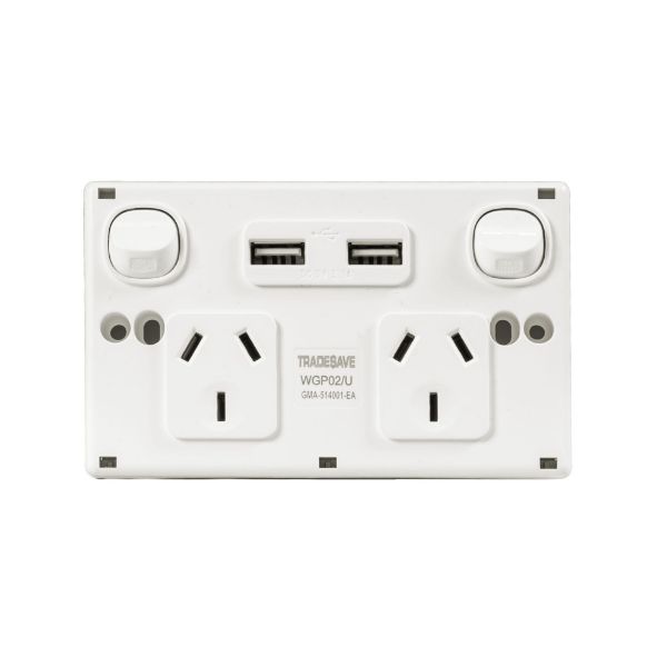 Picture of Double 10A Horizontal Power Point 2x USB-A Ports Removable Clip on Cover White