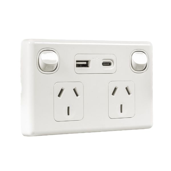 Picture of Double 10A Horizontal Power Point USB-A/C Ports Removable Clip on Cover White