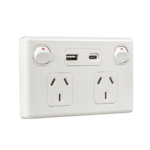Picture of Double 10A Horizontal Power Point USB-A/C Ports Removable Clip on Cover White