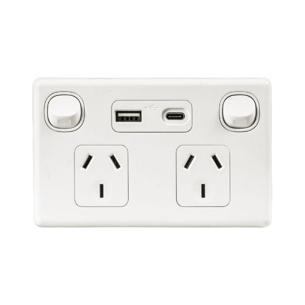 Picture of Double 10A Horizontal Power Point USB-A/C Ports Removable Clip on Cover White