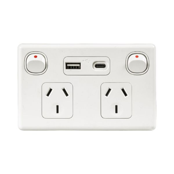 Picture of Double 10A Horizontal Power Point USB-A/C Ports Removable Clip on Cover White