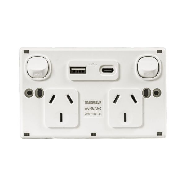Picture of Double 10A Horizontal Power Point USB-A/C Ports Removable Clip on Cover White