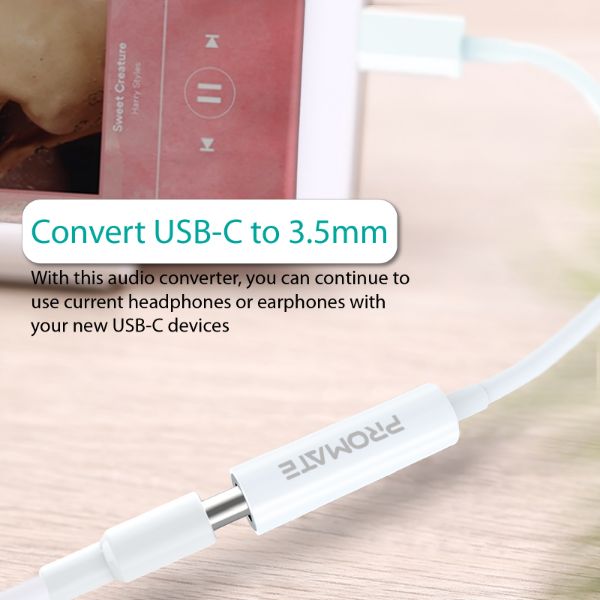 Picture of Dynamic Stereo USB-C to 3.5 AUX Headhone Jack Adapter Digital to Analog Converter.