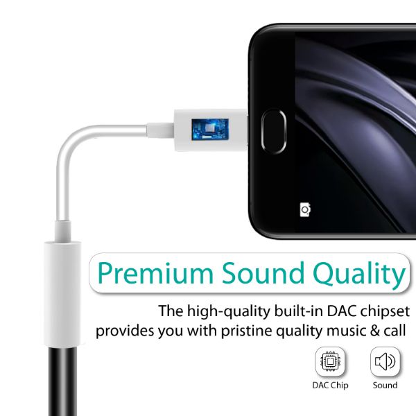 Picture of Dynamic Stereo USB-C to 3.5 AUX Headhone Jack Adapter Digital to Analog Converter.