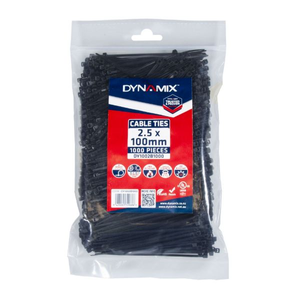 Picture of 2.5 x 100mm UV Black Cable Ties Pack of 1000 80N/8.1kgs Tensile Strenght