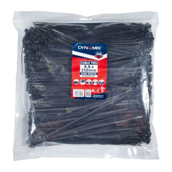 Picture of 4.8 x 250mm UV Black Cable Ties Pack of 1000 230N/23.4kgs Tensile Strenght