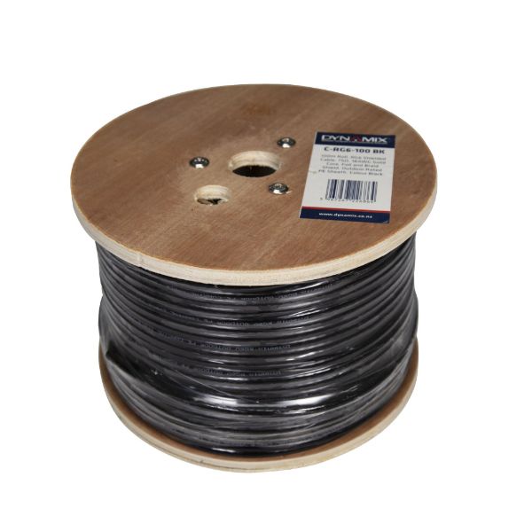 Picture of 100m Roll RG6 Shielded Cable Black 75ohm 18AWG solid core. Foil & braid shield.