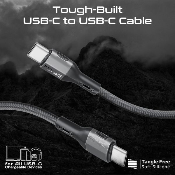 Picture of 1.2m 60W PD USB-C to USB-C Tough-Built Cable. Supports up to 480Mbps Slim