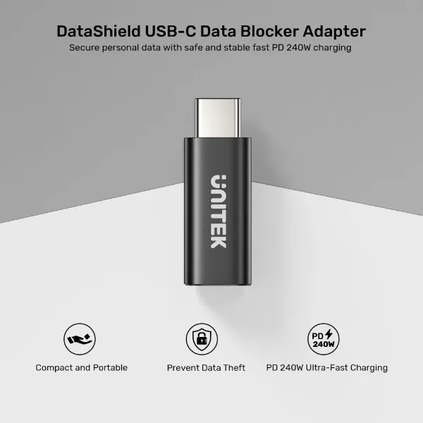 Picture of DataShield USB-C Data Blocker Adapter. Secure Personal Data with safe & stable fast PD240W