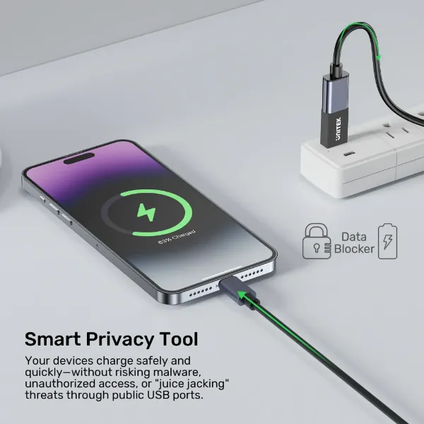 Picture of DataShield USB-A Data Blocker Adapter. Secure Personal Data with safe & stable fast PD240W