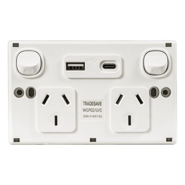 Picture of Double 10A Horizontal Power Point USB-A/C Ports Removable Clip on Cover White