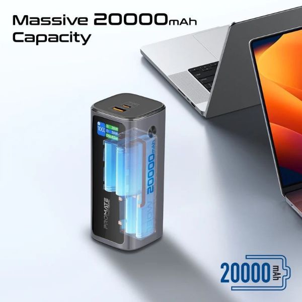 Picture of 20000mAh 130W Aluminium Power Bank w Rectractble USB-C Cable Cable & LCD Scrn Supports 100W