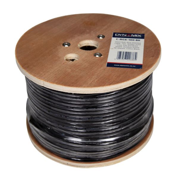 Picture of 100m Roll RG6 Shielded Cable Black 75ohm 18AWG solid core. Foil & braid shield.