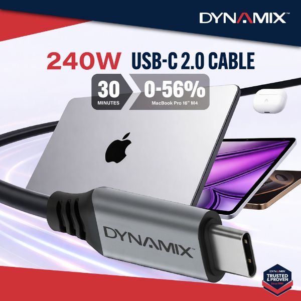 Picture of DYNAMIX 1m Premium USB-C 240W PD Fast Charge Data Cable - USB 2.0 Data Transfer
