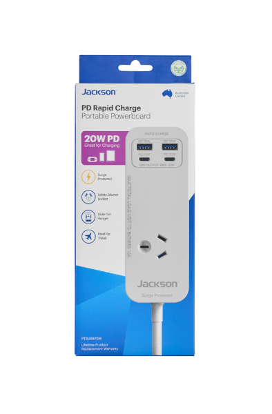 Picture of 1 Way Surge Protected Powerboard 2x 20W PD USB-A/C Fast Charge Ports