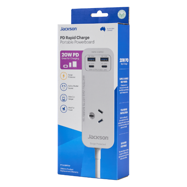 Picture of 1 Way Surge Protected Powerboard 2x 20W PD USB-A/C Fast Charge Ports