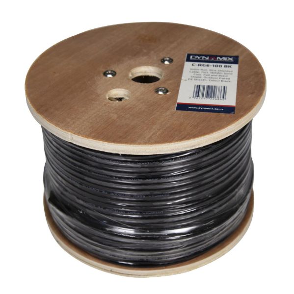 Picture of 305m Roll RG6 Shielded Cable Black 75ohm 18AWG solid core. Foil & braid shield.