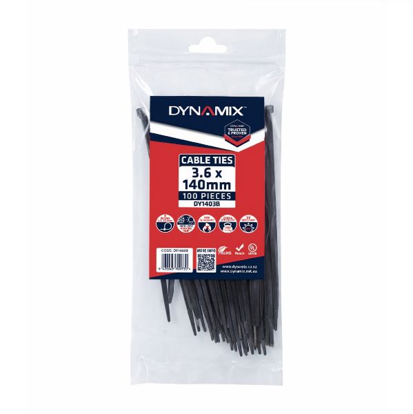Picture of 3.6 x 140mm UV Black Cable Ties Pack of 100 180N/18.3kgs Tensile Strength