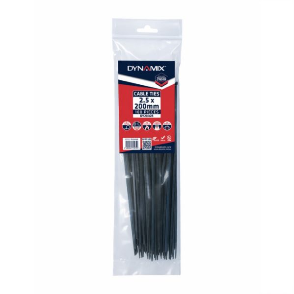Picture of 2.5 x 200mm UV Black Cable Ties Pack of 100 80N/8.1kgs Tensile Strength