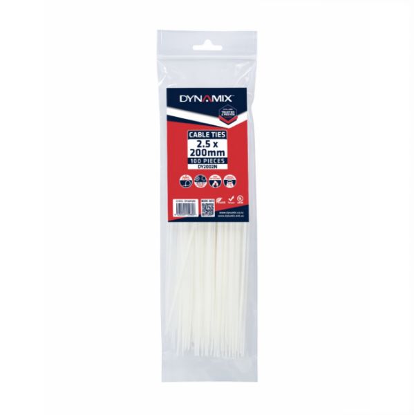 Picture of 2.5 x 200mm Natural Cable Ties Pack of 100 80N/8.1kgs Tensile Strength