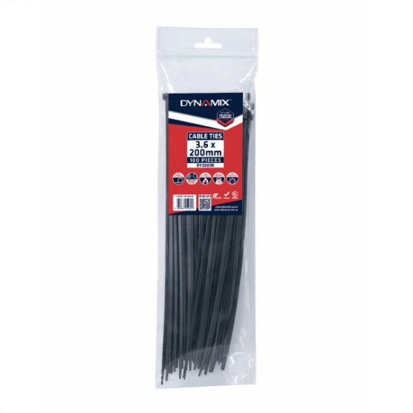 Picture of 3.6 x 200mm UV Black Cable Ties Pack of 100 180N/18.3kgs Tensile Strength