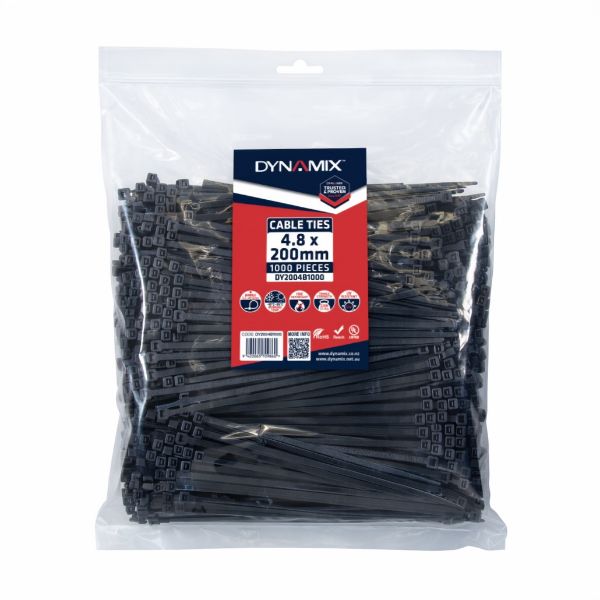 Picture of 4.8 x 200mm UV Black Cable Ties Pack of 1000 230N/23.4kgs Tensile Strength