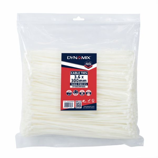 Picture of 3.6 x 300mm Natural Cable Ties Pack of 1000 180N/18.3kgs Tensile Strength