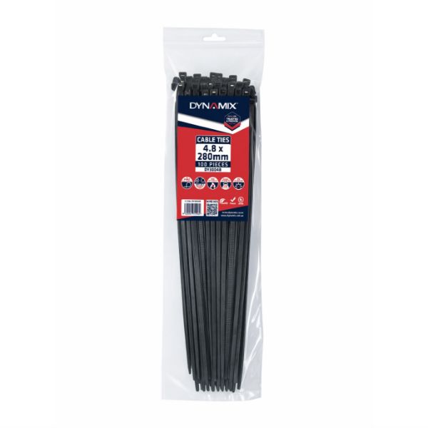 Picture of 4.8 x 280mm UV Black Cable Ties Pack of 100 230N/23.4kgs Tensile Strength